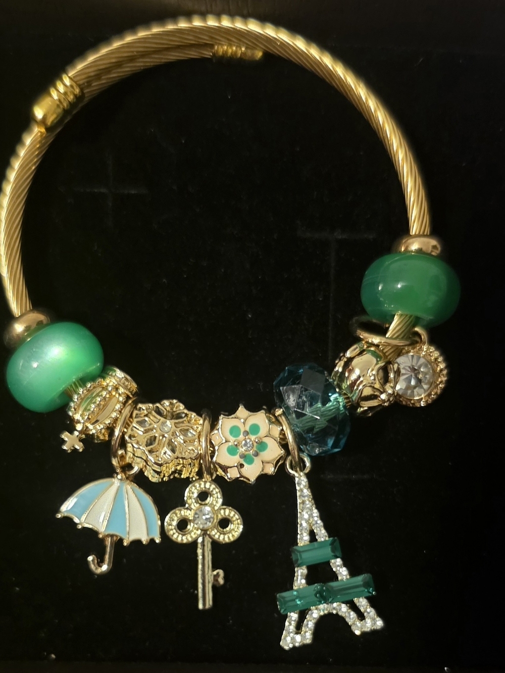 Gold-Tone Green Charm Bangle Bracelet with Eiffel Tower and Key Charms